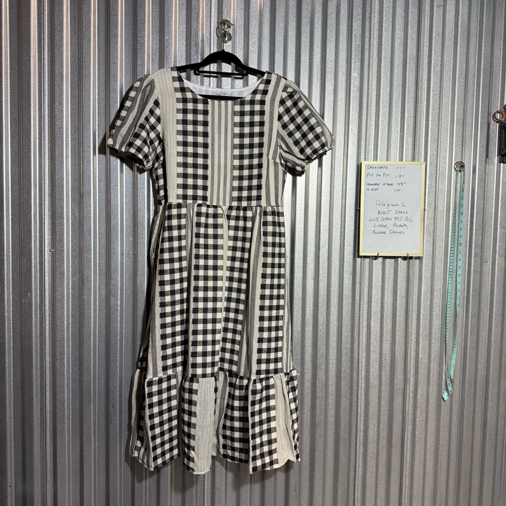 NWT Polagram Women's Large Black White Gingham Dress, Cotton, Lagenlook, pockets